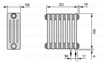 Схема (чертеж) Радиатор Zehnder Charleston 4055/7 №5510 Белый глянцевый RAL 9016